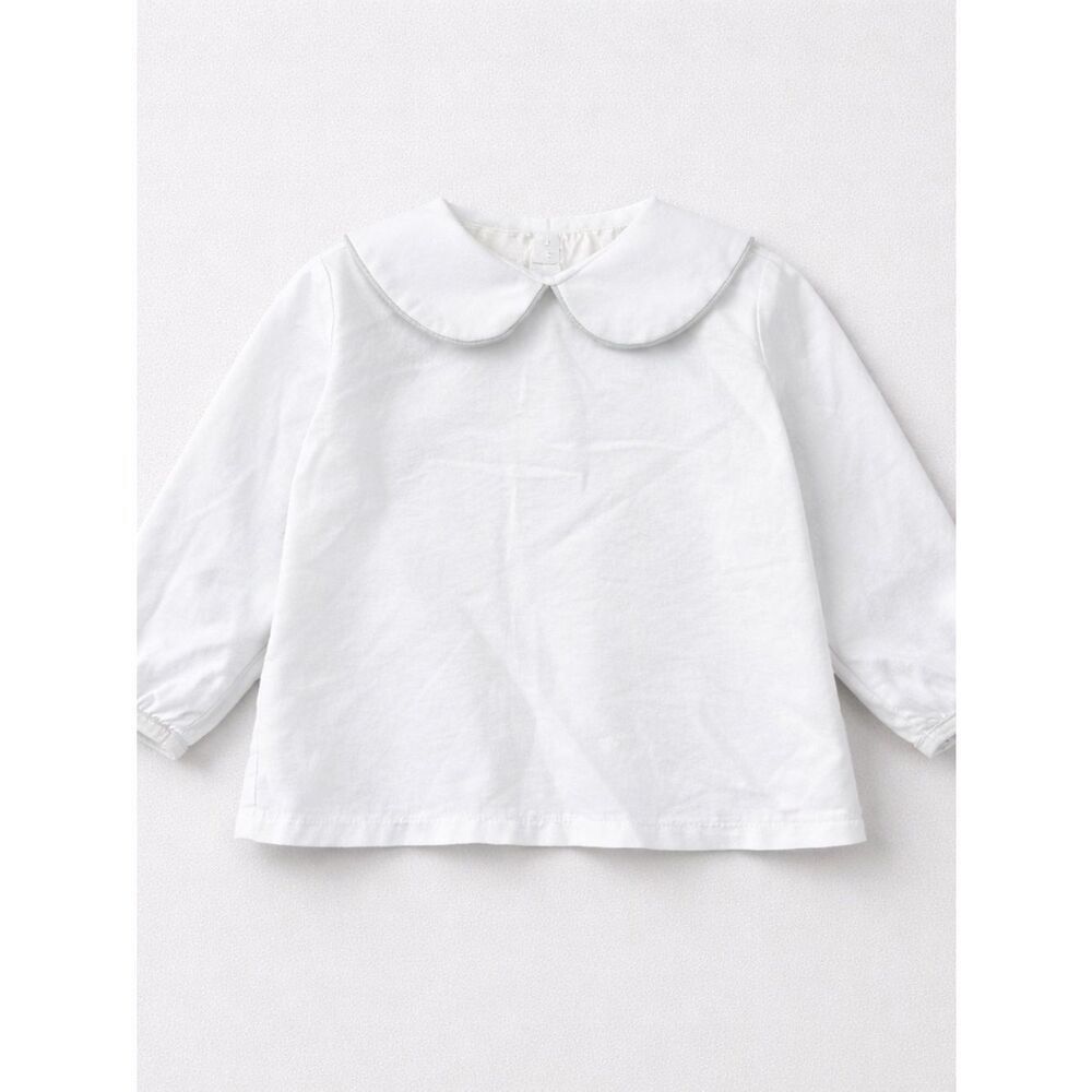Busy Bees Smocks white long sleeve cotton shirt Peter Pan collar sage piping